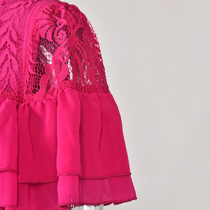 Frilled Short Sleeve Lace-Trim Lotus Dress