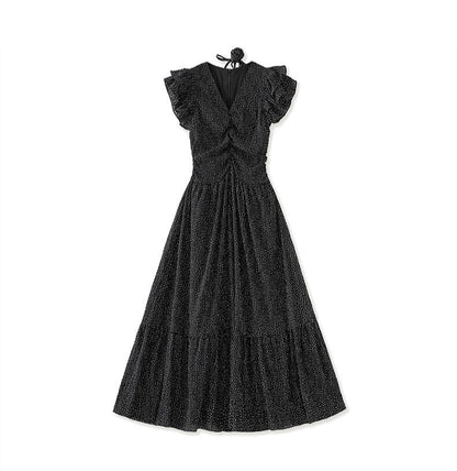 Romantic Polka Dot Midi Dress with Ruffle Sleeves and Necklace Detail