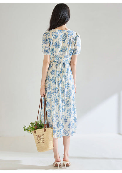 French Blue Floral Cotton Dress – Tie Waist, V-Neck