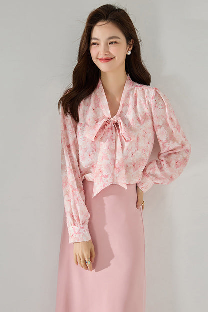 Pink Floral Chiffon Blouse with Bow