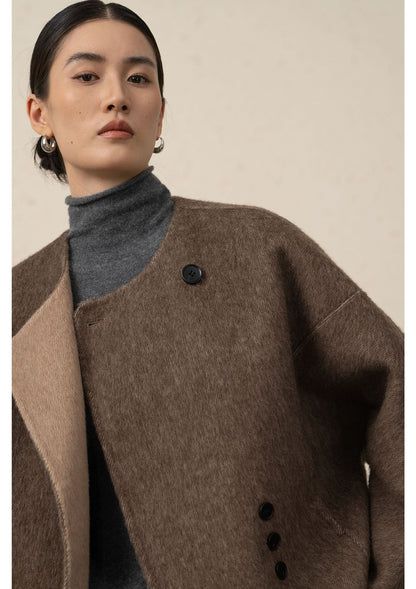 Alpaca Wool Short Double-Sided Coat with Scarf Detail