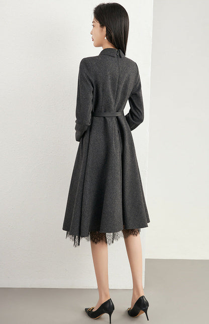 Wool-Blend Herringbone A-Line French Dress