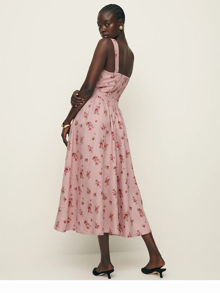 Pink Linen Summer Dress with Square Neckline – French Retro Vibes