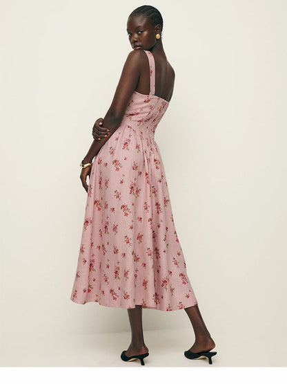 Pink Linen Summer Dress with Square Neckline – French Retro Vibes