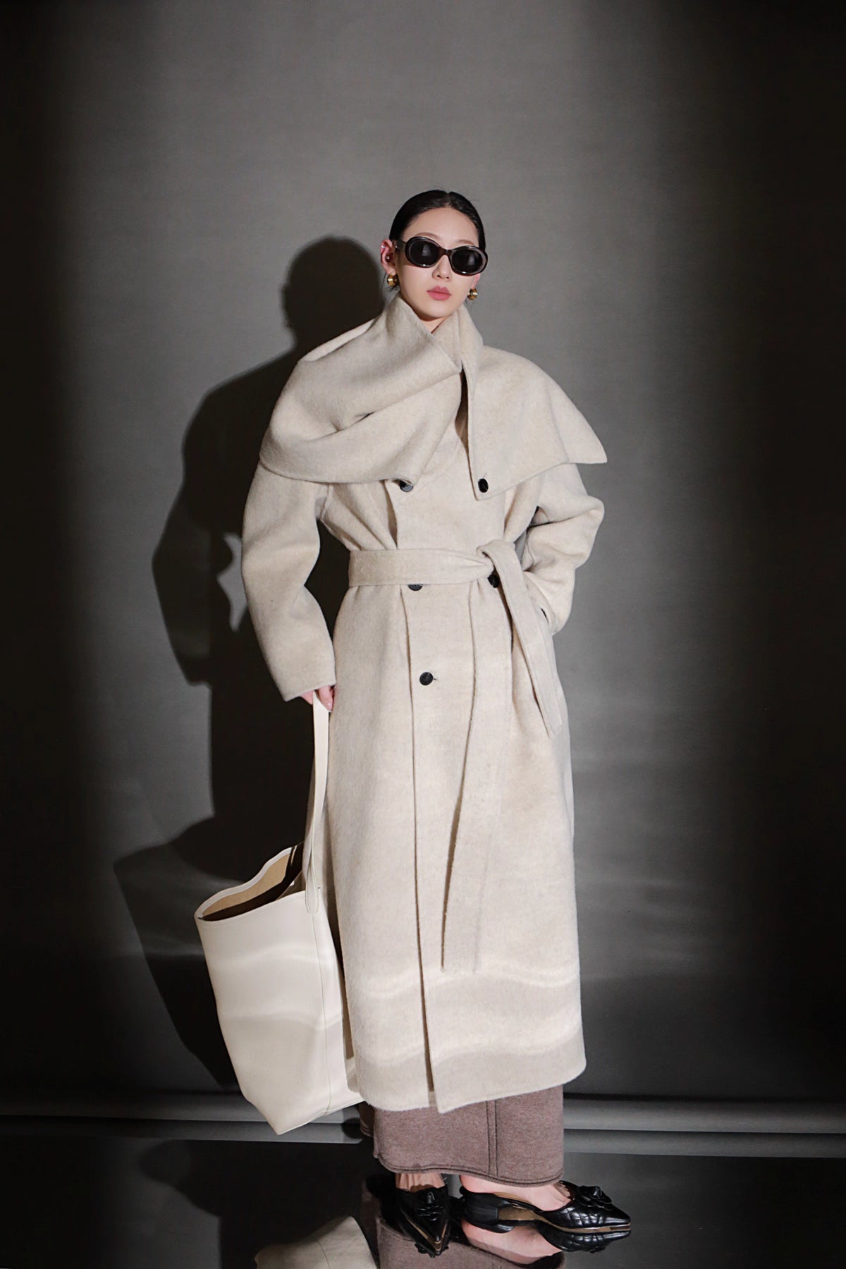 Luxury Lama Wool Blend Coat with Shawl Detail