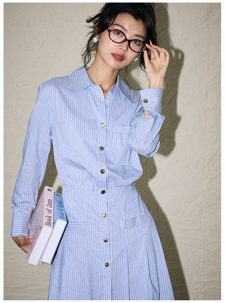 College-Style Blue & White Striped Shirt Dress