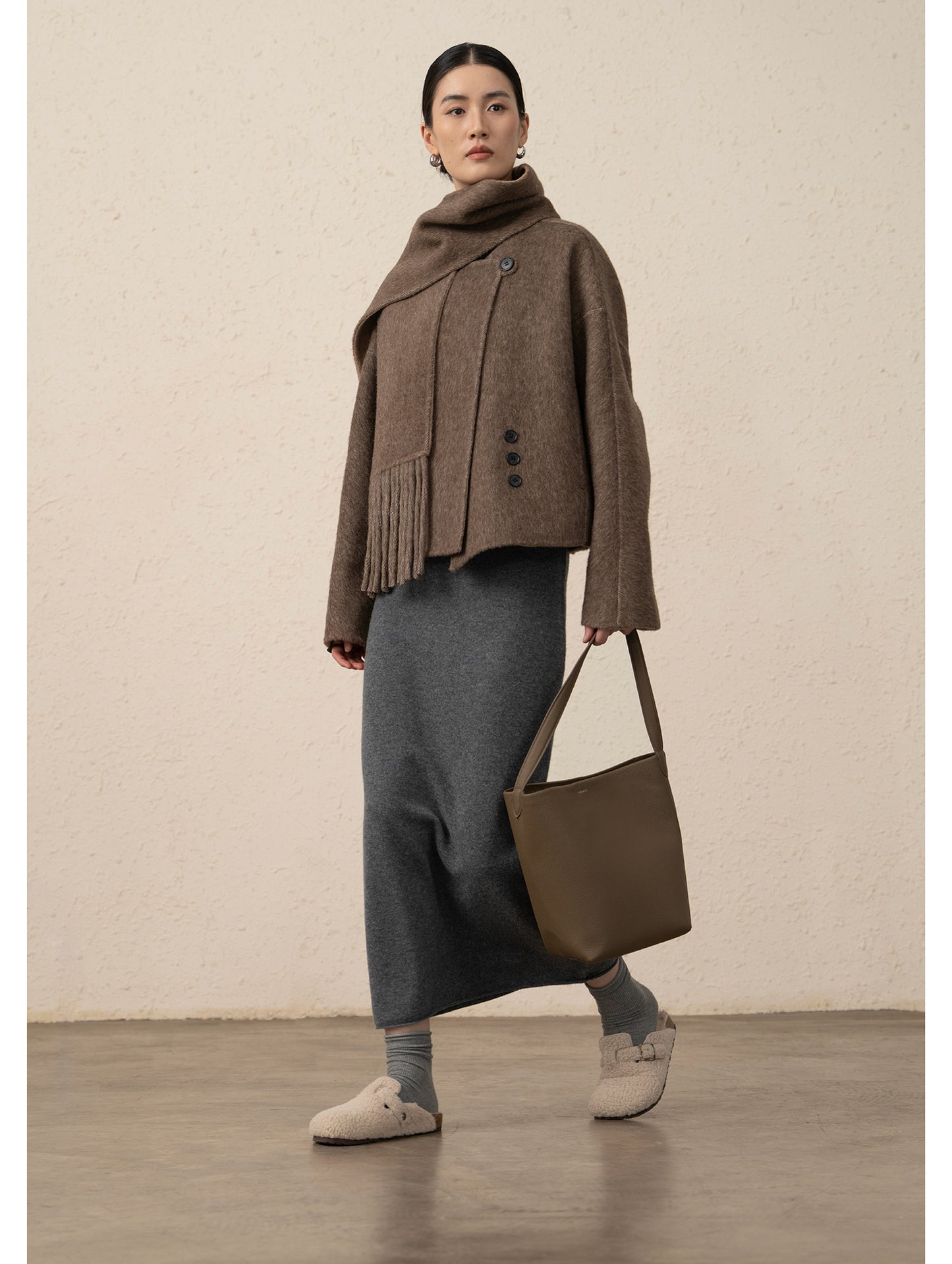 Alpaca Wool Short Double-Sided Coat with Scarf Detail