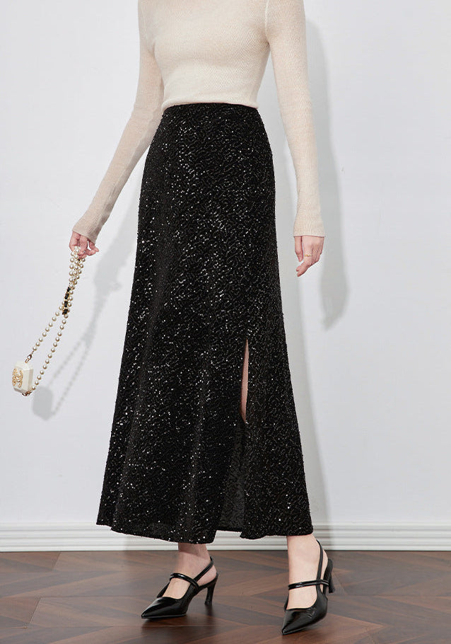 Velvet-Shine Sequin A-Line Midi Skirt