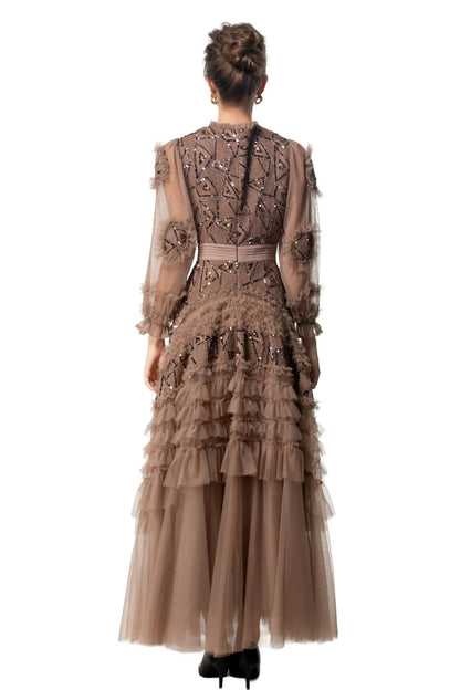 Sequin Embellished Princess-Cut Maxi Evening Dress