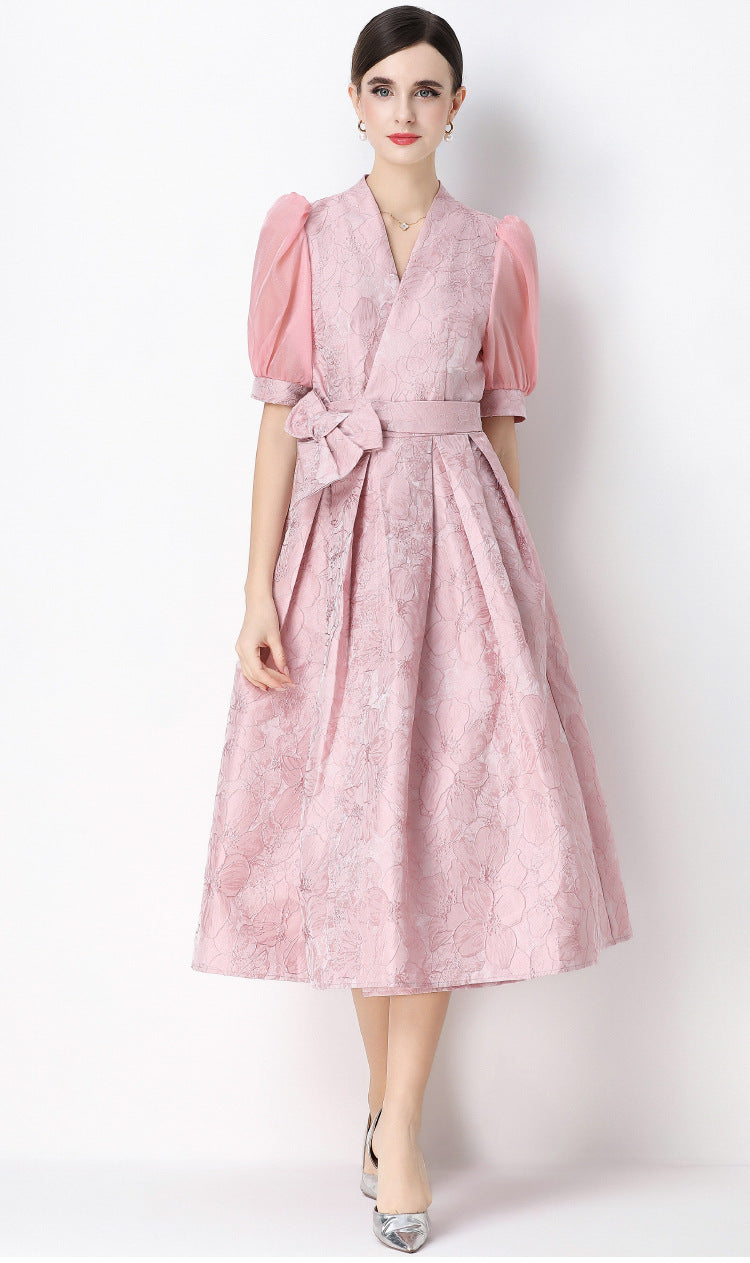 Jacquard Puff Sleeve V-Neck Maxi Dress