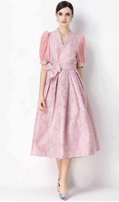 Jacquard Puff Sleeve V-Neck Maxi Dress