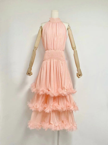 3D Floral High-Neck Evening Gown – Elegant Pink