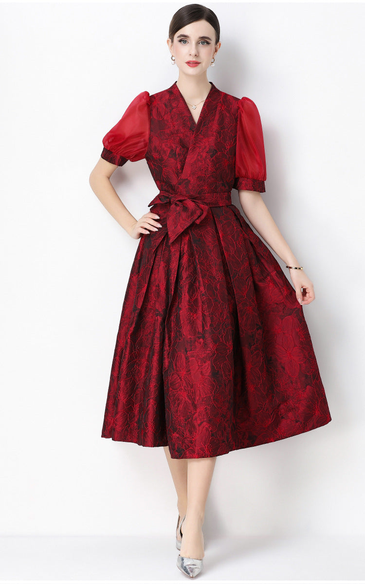 Jacquard Puff Sleeve V-Neck Maxi Dress