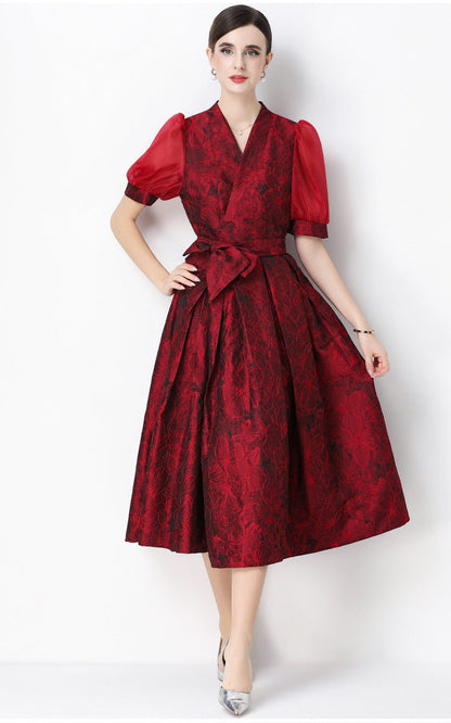 Jacquard Puff Sleeve V-Neck Maxi Dress