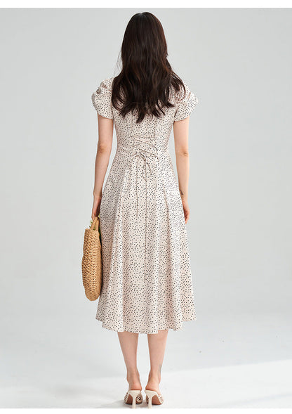 Apricot Polka Dot Puff Sleeve Midi Dress