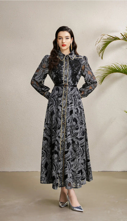 Beaded Lace Maxi Dress with Gold Trim – Elegant Retro Gown