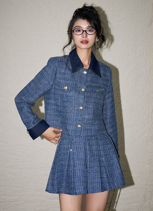 French Retro Pleated Blazer and Skirt Set – Chanel-Inspired Denim Elegance