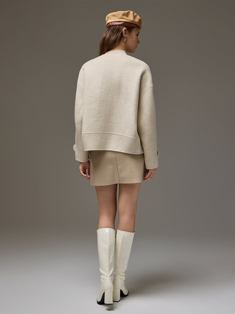 Silk-Blend Camel Wool Short Coat with Detachable Collar