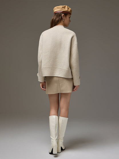 Silk-Blend Camel Wool Short Coat with Detachable Collar