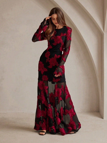 Embroidered Open-Back Fishtail Maxi Dress