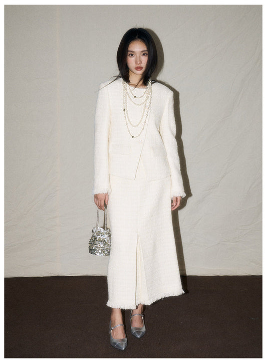 White Wool-Blend French Jacket & Midi Skirt Set