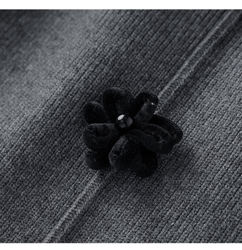 3D Floral Knit Top + Velvet Skirt Set – Elegant French Winter Ensemble