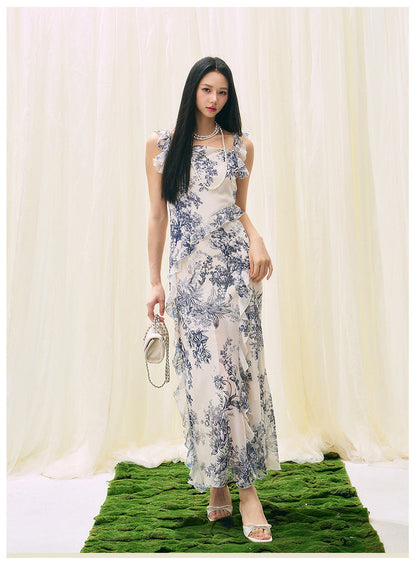 Ruffled Square Neck Slit Vacation Dress