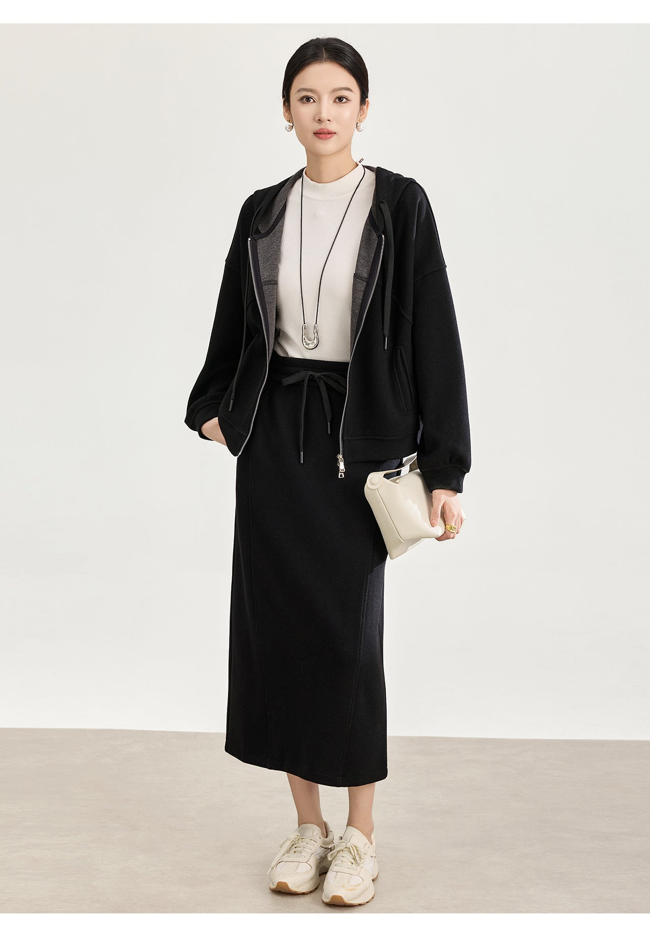 Soft Wool-Blend Hooded Jacket & Elastic Waist Skirt Set