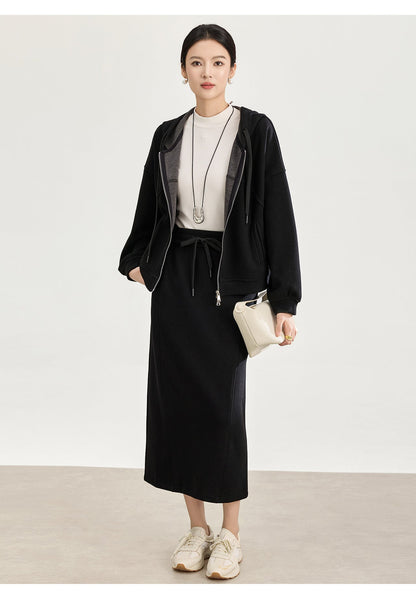 Soft Wool-Blend Hooded Jacket & Elastic Waist Skirt Set