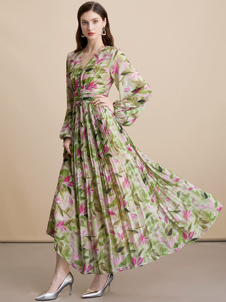Vintage Floral V-Neck Long Dress