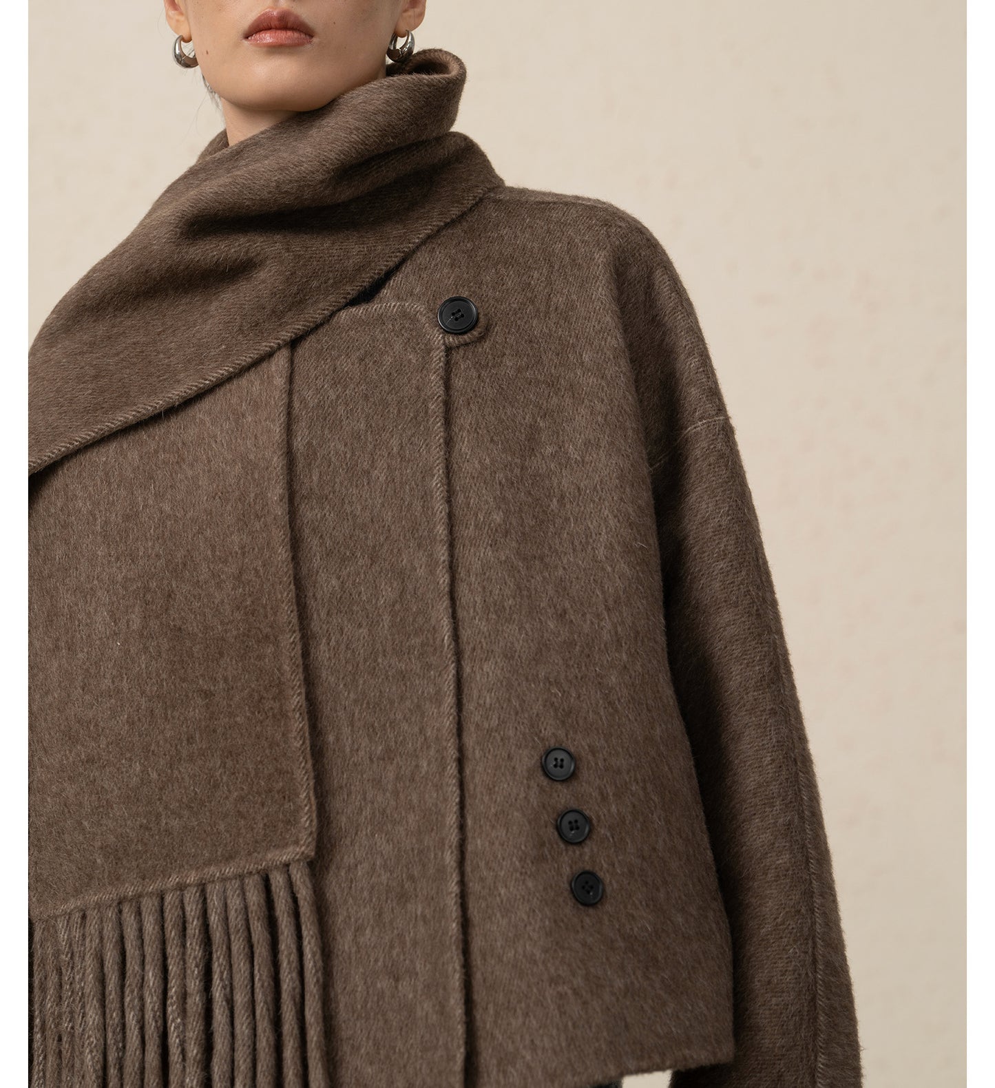 Alpaca Wool Short Double-Sided Coat with Scarf Detail