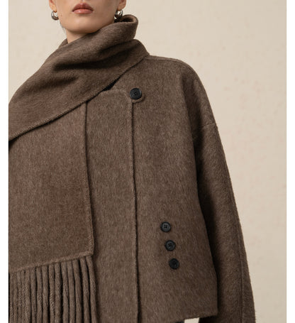 Alpaca Wool Short Double-Sided Coat with Scarf Detail