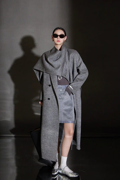 Luxury Lama Wool Blend Coat with Shawl Detail