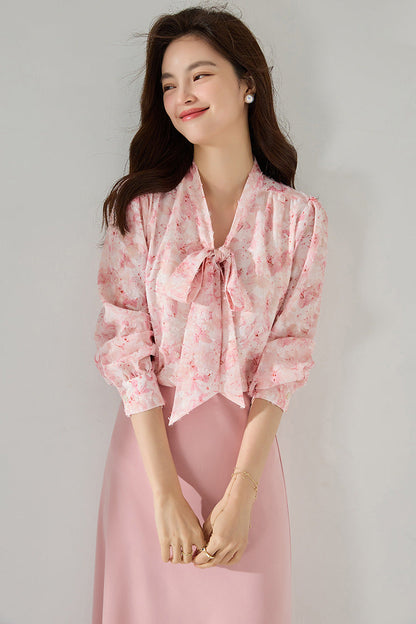 Pink Floral Chiffon Blouse with Bow
