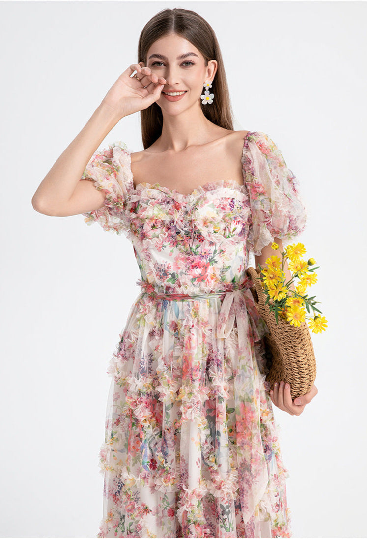 Square Neck Ruffle Sleeve Tulle Fairy Dress