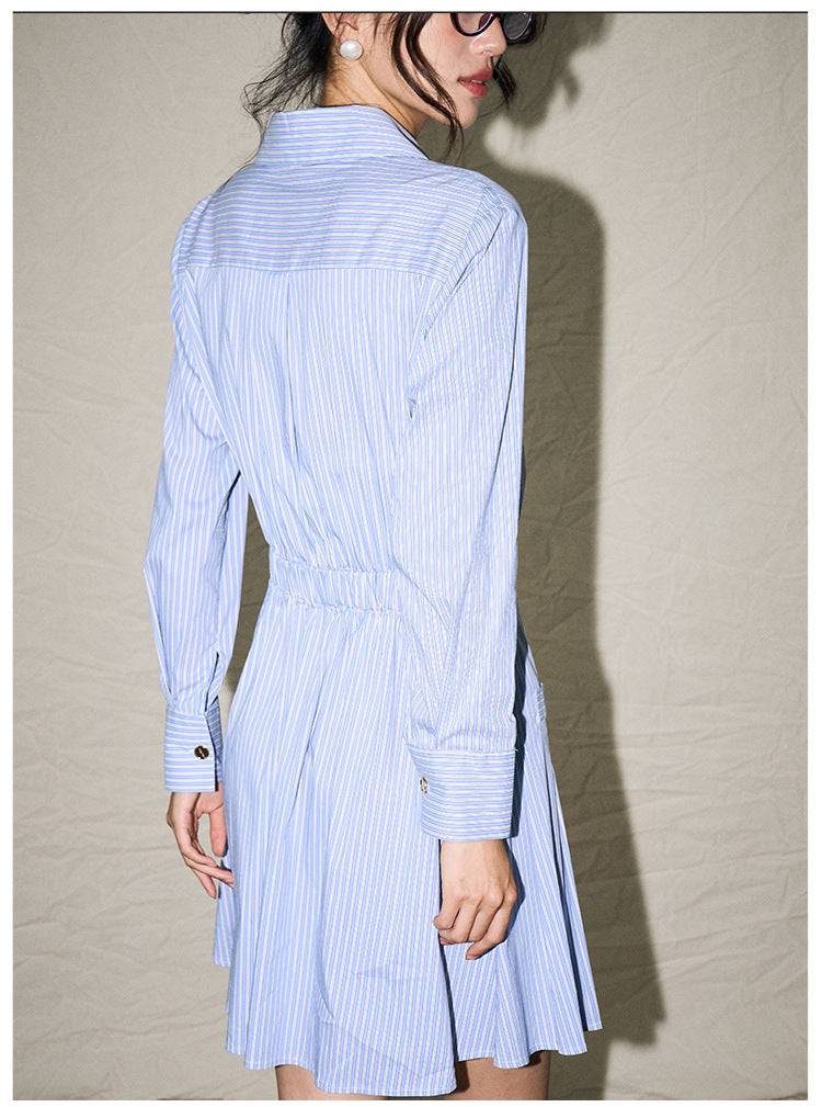 College-Style Blue & White Striped Shirt Dress