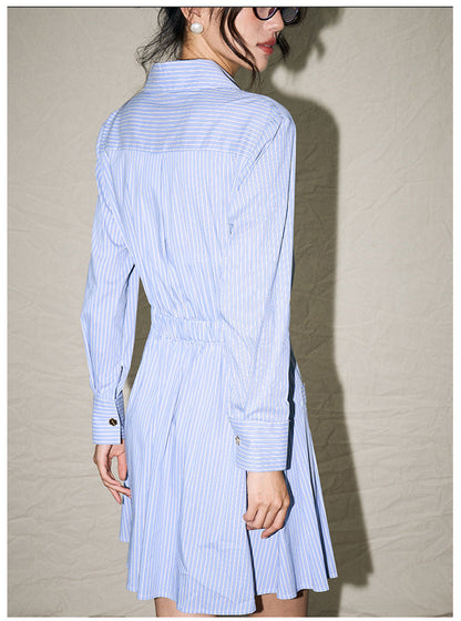 College-Style Blue & White Striped Shirt Dress