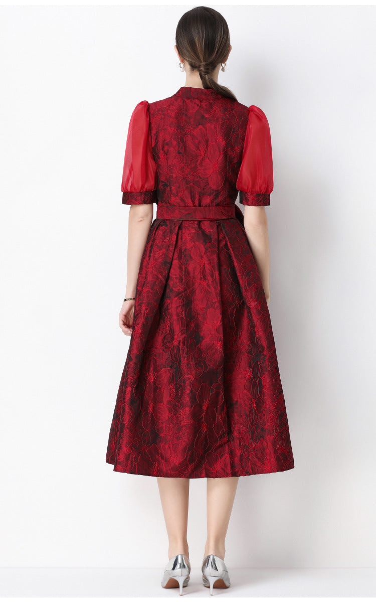 Jacquard Puff Sleeve V-Neck Maxi Dress