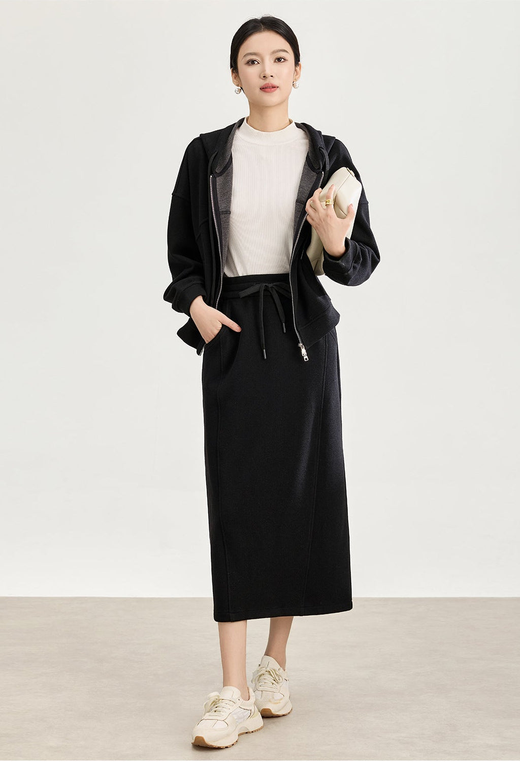 Soft Wool-Blend Hooded Jacket & Elastic Waist Skirt Set