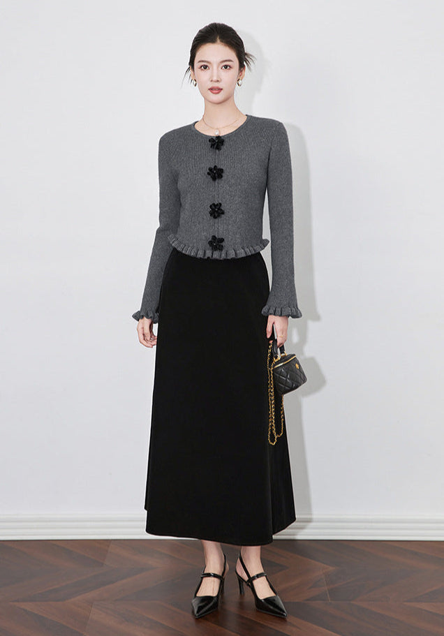 3D Floral Knit Top + Velvet Skirt Set – Elegant French Winter Ensemble