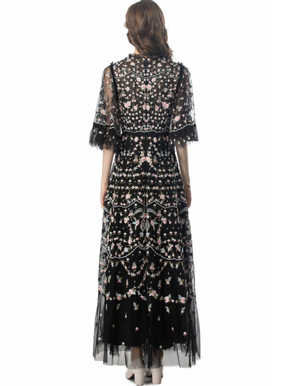 Belleza Princess-Cut Embroidered Maxi Evening Dress