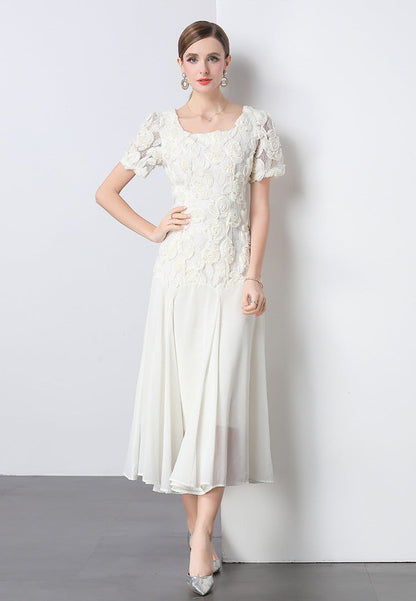 Lace Embroidered 3D Floral Square-Neck Midi Dress
