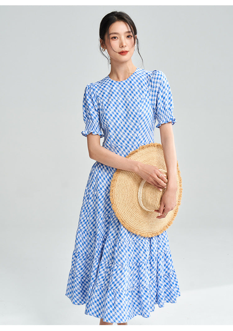 Blue-White Plaid Midi Dress