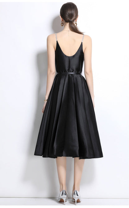 Crystal Strap Pleated Midi Dress
