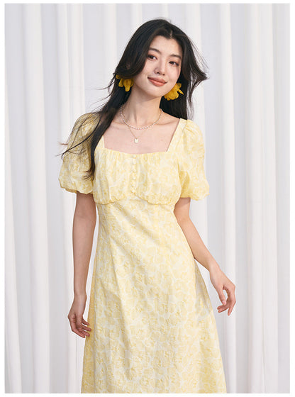 Yellow Square Neck Embossed Floral Cotton Midi Dress