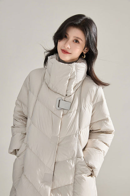 Minimalist Oversized Down Puffer Coat with Leather-Style Buttons