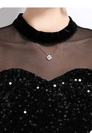 Velvet Sequin Long Evening Gown with Sheer Sleeves