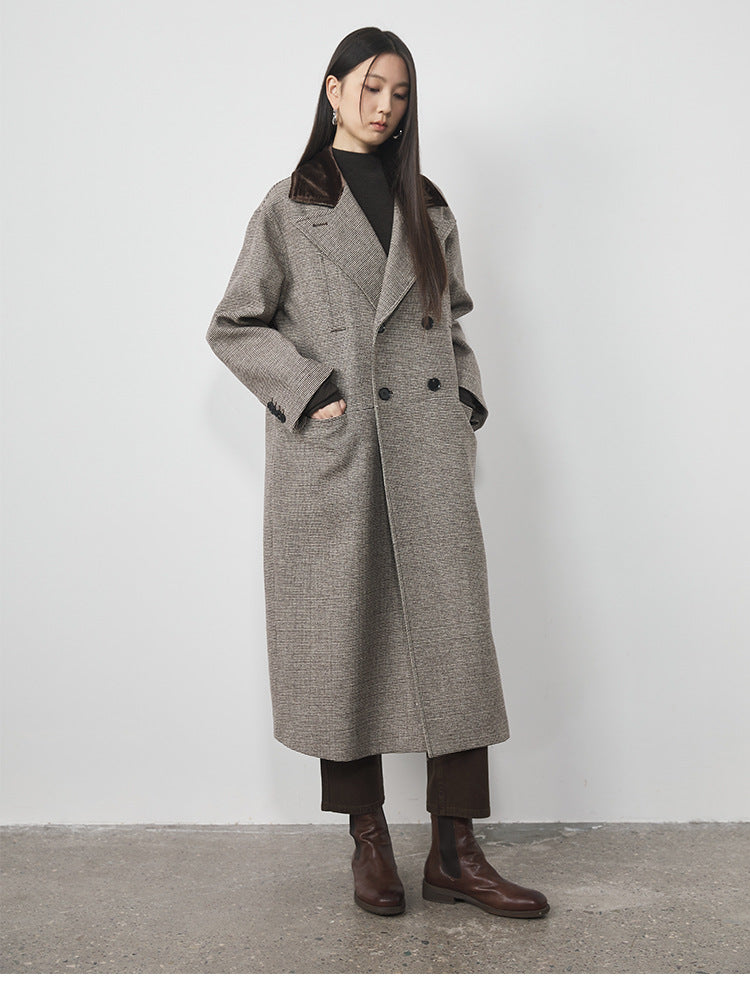 Extra Long Plaid Wool Coat with Silk-Blend Collar