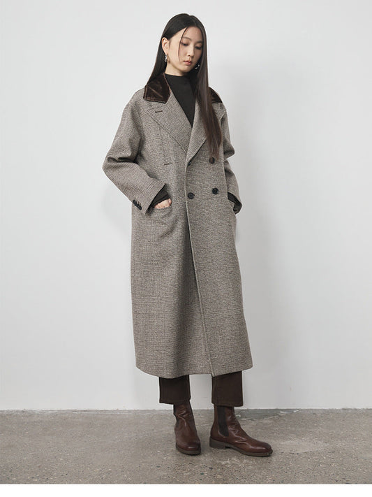 Extra Long Plaid Wool Coat with Silk-Blend Collar