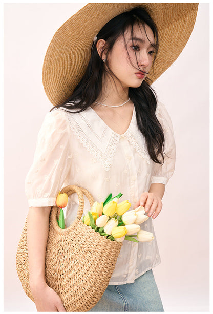 Embroidered Peter Pan Collar Puff Sleeve Blouse